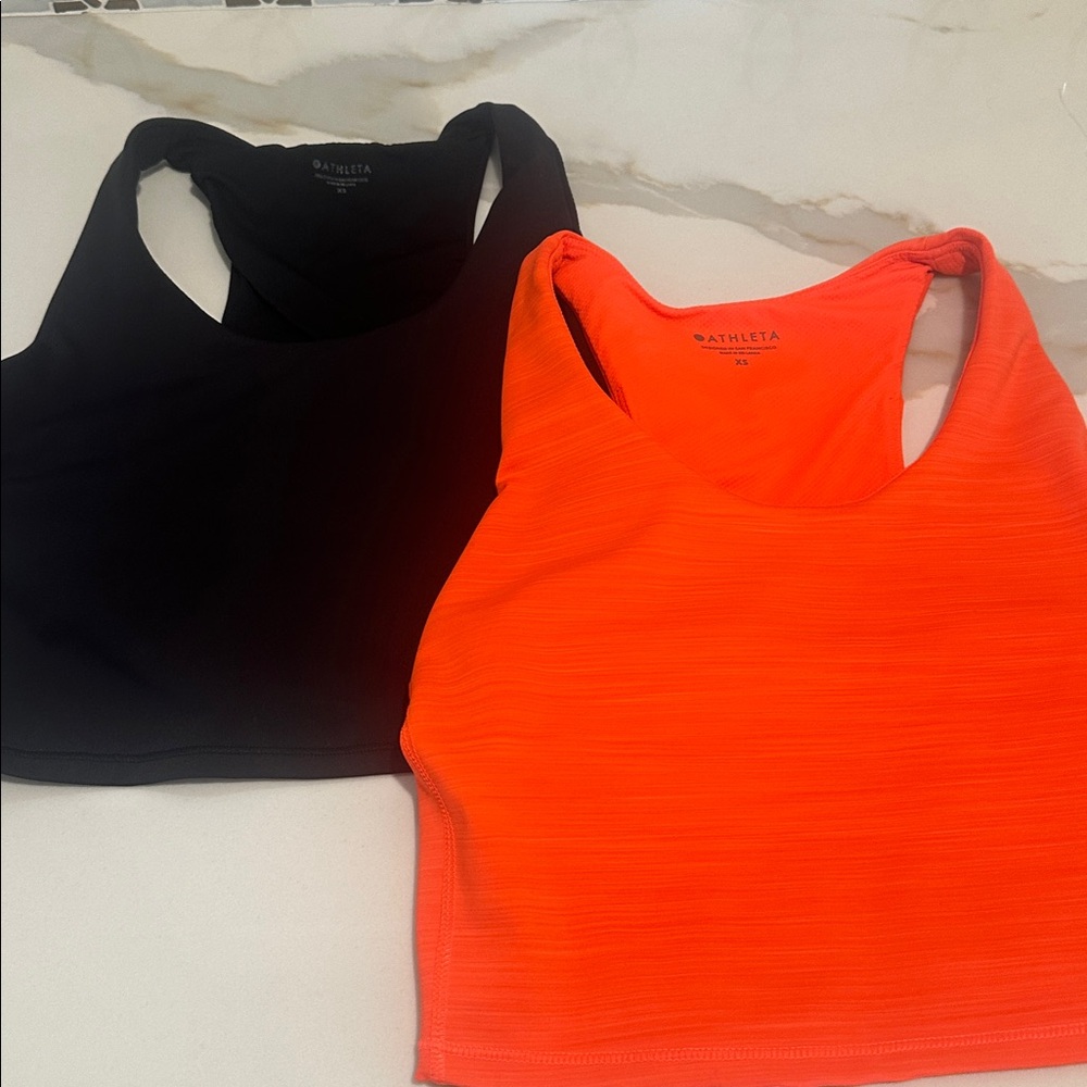 TWO Athleta Ultimate Space Dye Crop Tops In Supersonic orange and black XS